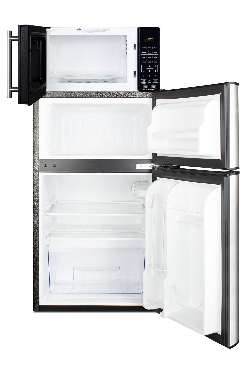 2-door refrigerator-freezer in stainless steel and compact microwave in black with allocator and USB ports for 1-plug operation; ships in three boxes on one pallet